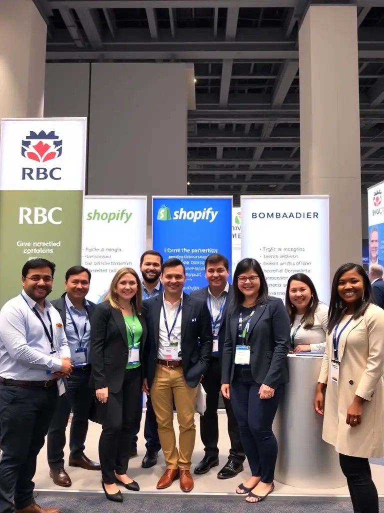 A group photo of representatives from major Canadian corporations, such as RBC, Shopify, and Bombardier, at the BizConclave conference sponsor booth, showcasing their commitment to innovation.