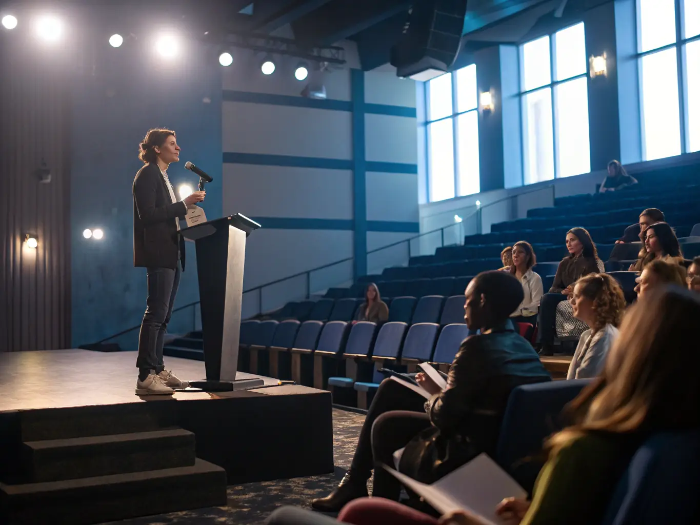 A dynamic image of a speaker on stage at a BizConclave conference, engaging the audience with insights and expertise.