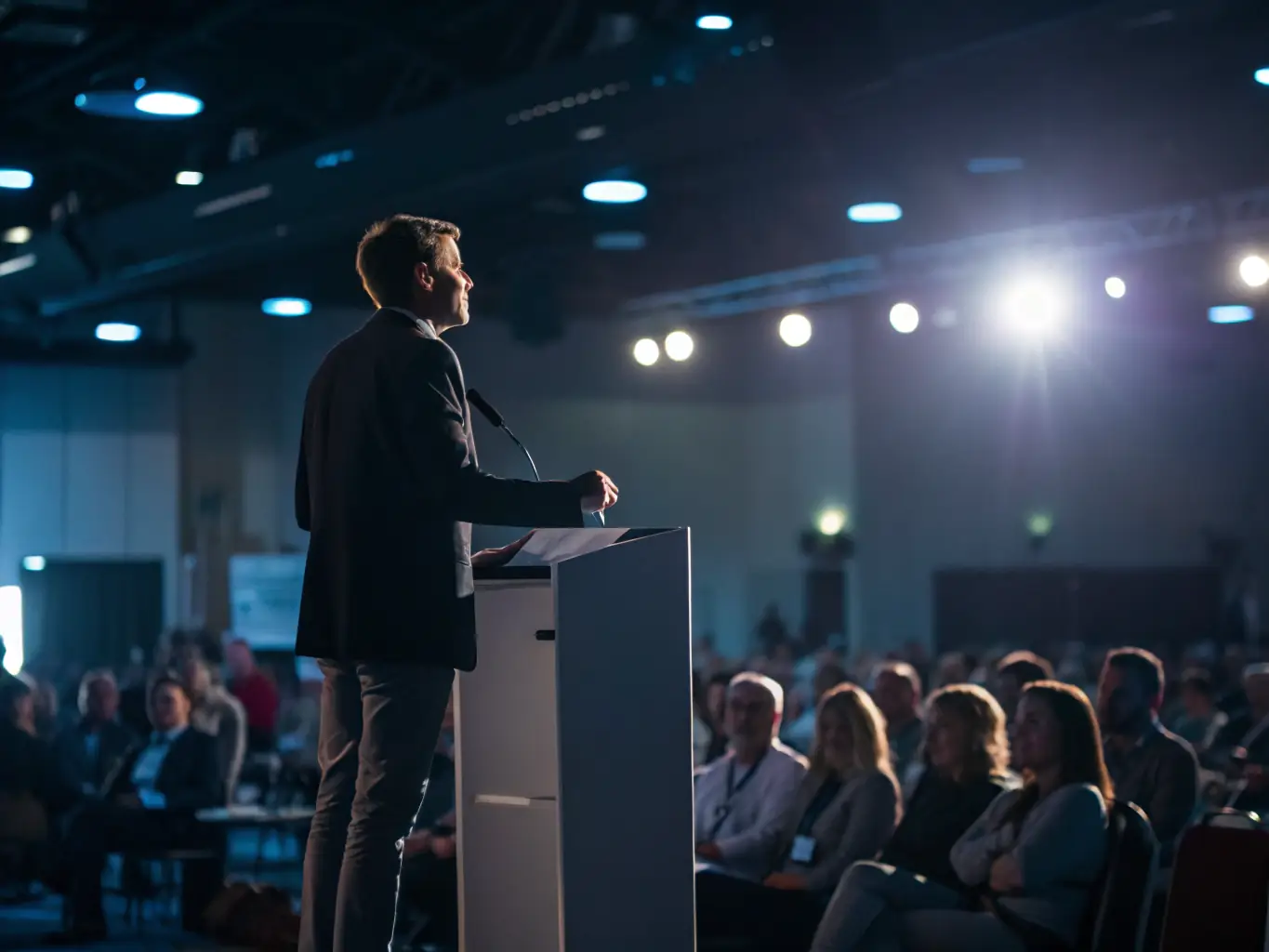 A dynamic shot of a keynote speaker passionately addressing a large audience at BizConclave 2024, emphasizing the energy and engagement of the event.
