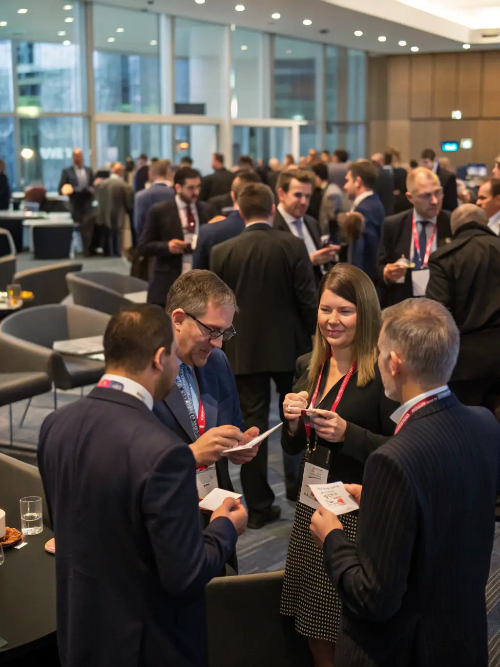 A dynamic shot of attendees networking and engaging in discussions during a break at the BizConclave conference, with branded banners and signage visible.