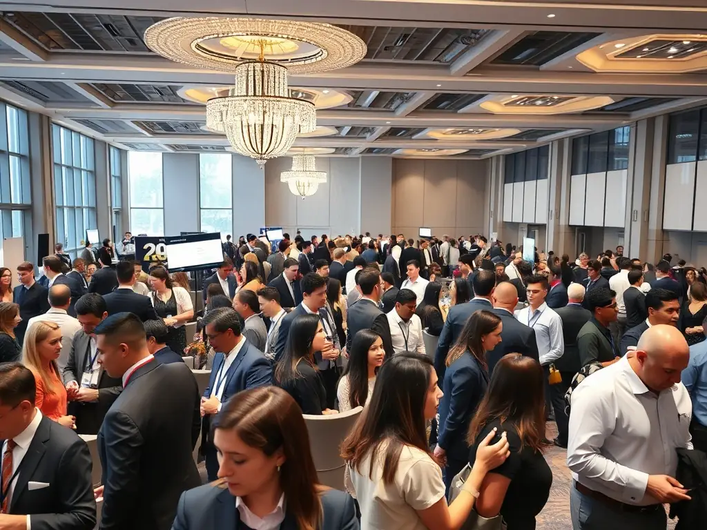 A photograph of a modern conference hall with attendees networking during a break, showcasing the interactive and collaborative environment of BizConclave events.